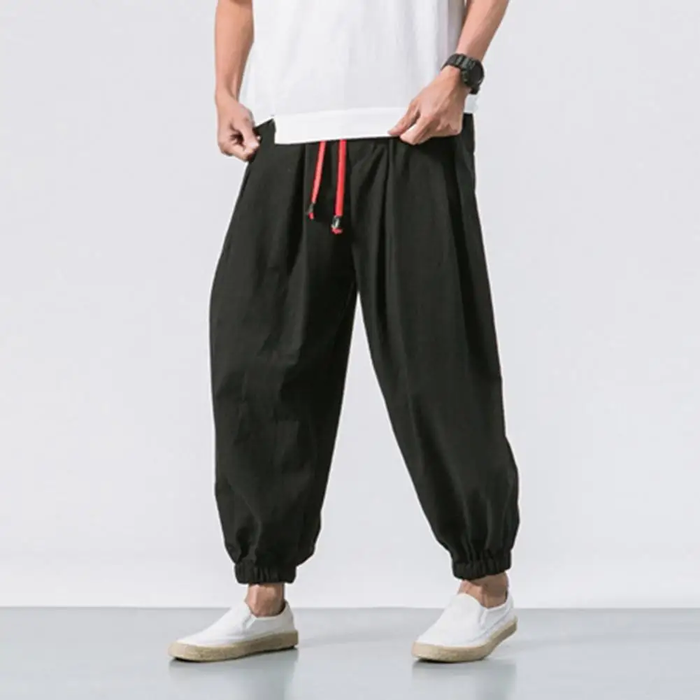 

Men Loose Harem Pants Deep Crotch Loose Drawstring Elastic Waist Plus Size Pockets Ankle-banded Casual Sweatpants Long Trousers