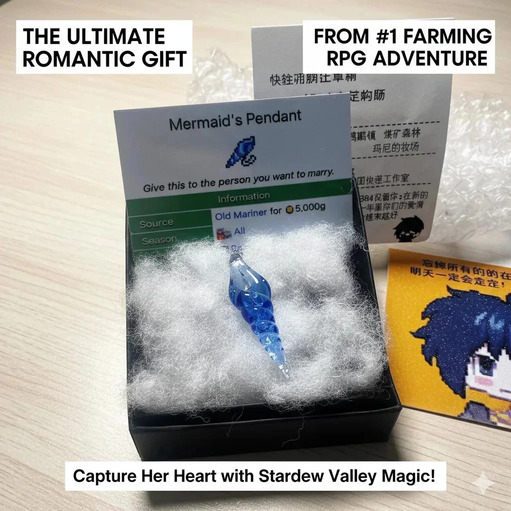 Official Stardew Valley Mermaid Necklace Blue Crystal Shell Cosplay Jewelry Gift view 2
