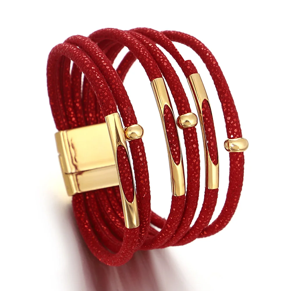 ALLYES Fashion Metal Tube Sequins Leather Bracelet for Women Shiny Boho Multilayer Wrap Wide Bracelets Party Christmas Jewelry