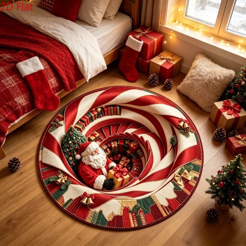 Santa Claus Christmas 3D Spiral Round Area Rug Living Room Home Decor Bedroom Kitchen Hallway Floor Mat Laundry Doormat Patio
