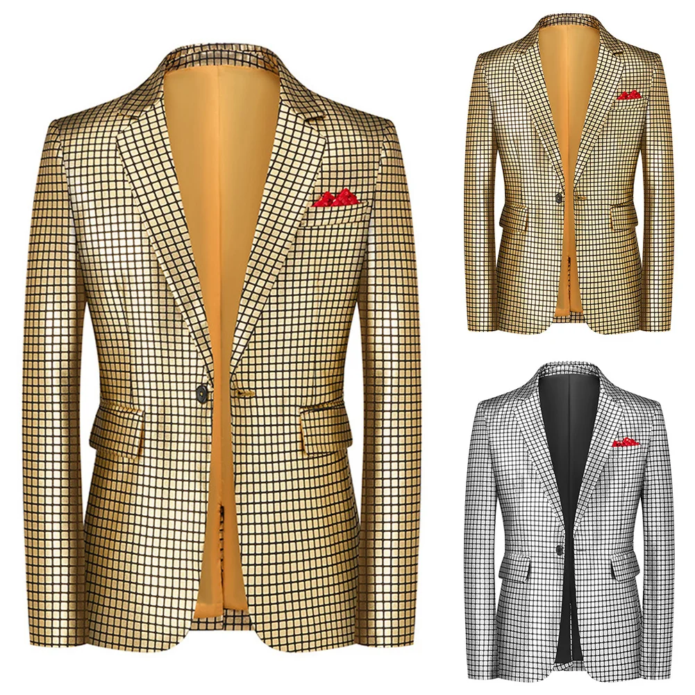Men Sequine Plaid Blazer Nightclub Trendy Studio Party Single Button Long Sleeve Blazer Suits Fashion Men's Clothing M-2XL