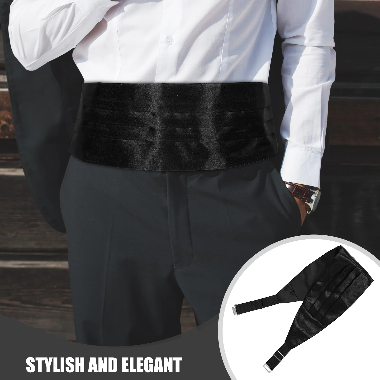 الساتان Cummerbund مجموعة الرجال قابل للتعديل Pretied الحرير Cummerbund ربطة القوس فيونكة جيب مربع الزفاف الأسود سهرة الأحداث الرسمية