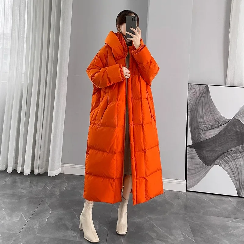 Orange Hooded Down Jacket Women\'s 2024 Winter New Loose Extra Long White duck down Coat Female Puffer Thicken Overcoat Parkas