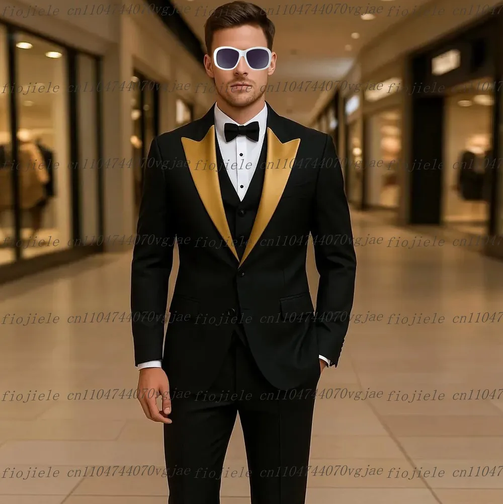 

New Gold Collar And Black Men Suit Formal Wedding Party Groom Groomsman Business Male Tuxedos 3 Piece Set Jacket Vest Pants