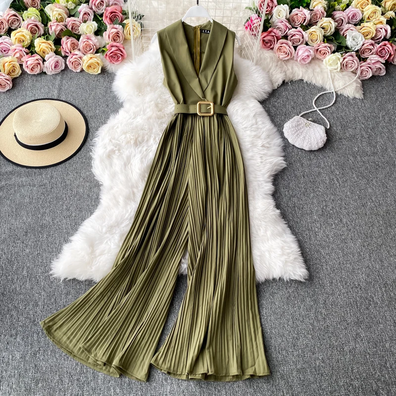 O Neck Sleeveless Vest Jumpsuit Women High Waist Lace Up Slim Pleated Wide Leg Pant Bodysuit Vintage French Elegant Chic Romper