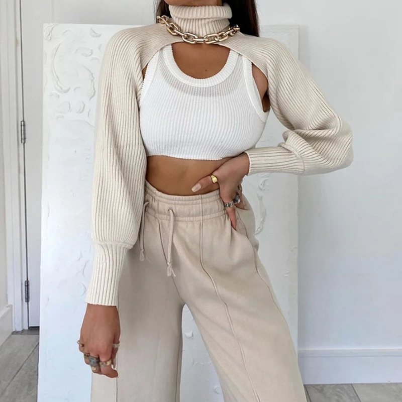 

Women High Collar Long Puff Sleeve Ultra-short Sweater Coat Autumn Winter Long Sleeve Loose Knitted Crop Tops Lady Halter Tops