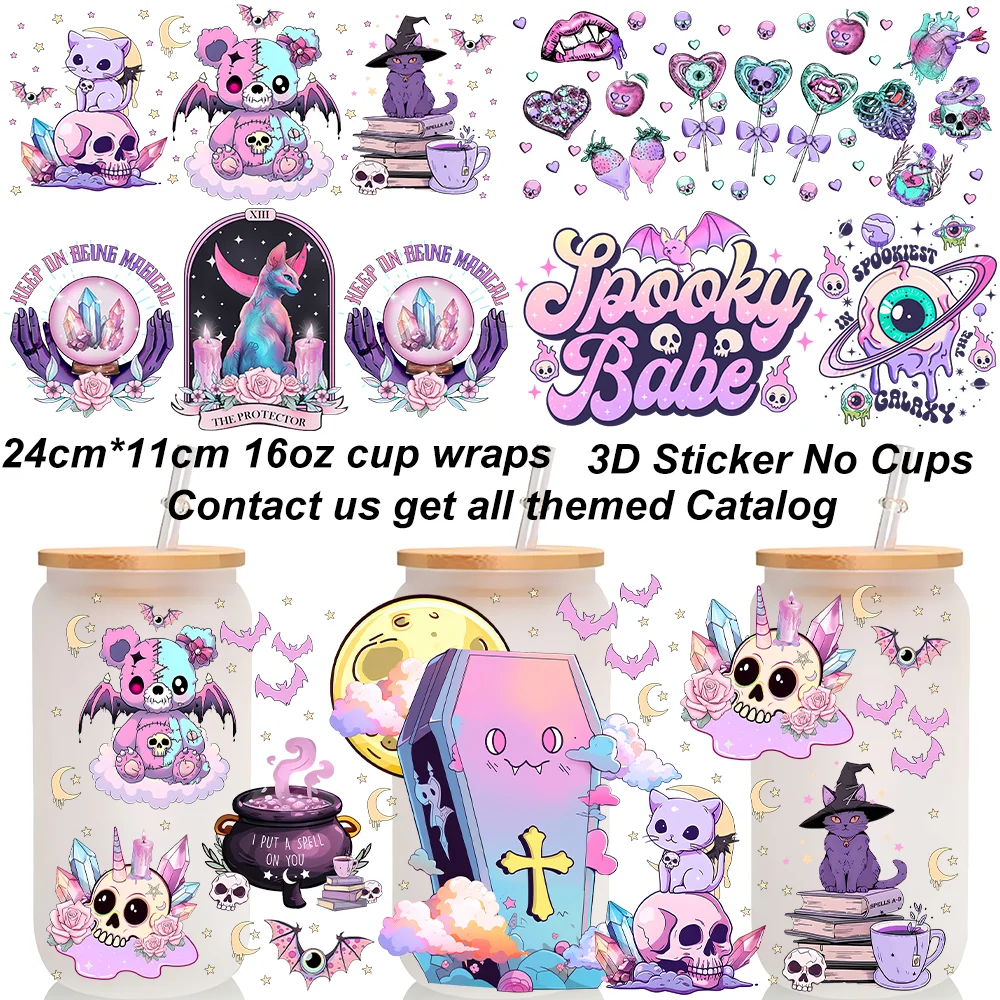 Halloween Pastel Gothic UV DTF Cup Wraps 16oz Glass Can 3D Stickers Spooky Babe Skull Crystal Witch Cat Cold Transfer Cup Wraps