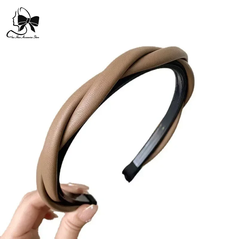 PU Leather Women Headband Simple Cross Twisted Head Hoop Imitation Thin Hair Hoop Non-slip Hairbands With Teeth Hair Accessories