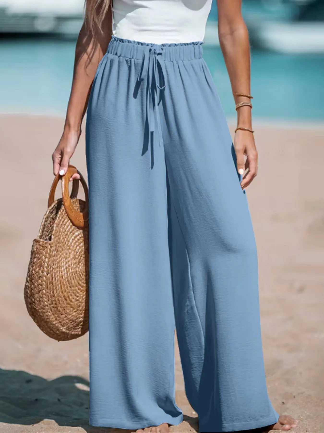 2025 Cross border Women's Four Seasons Wide Leg Loose Drawstring Casual Fashion Pants Commuting Office Beach Comfort Trousers
