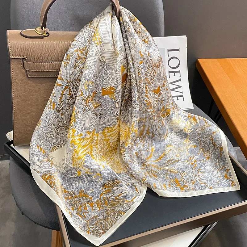 

68cm Retro Flower Print Scarf Women's Spring and Summer Thin Imitation Silk Scarf Fashion Versatile Headscarf Shawl
