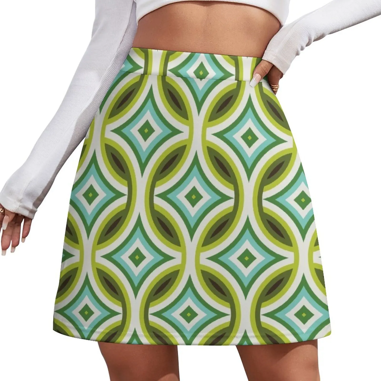 Green, Turquoise & Brown Circular Geometric Retro Pattern Mini Skirt Female skirt luxury women skirts