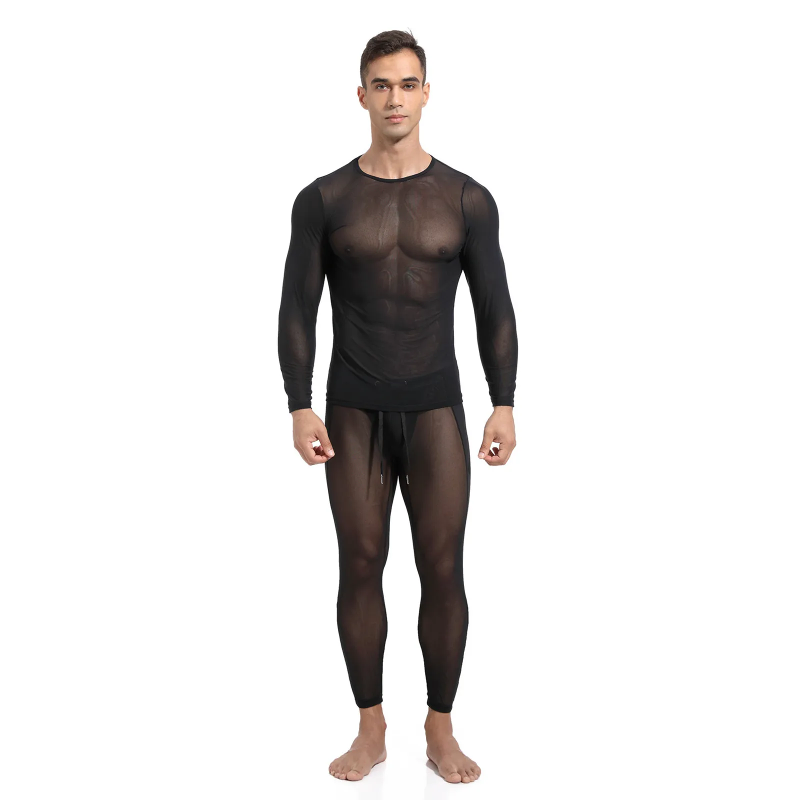 Men\'s Mesh Transparent High Elastic Male Fitness Running Cycling Sports Training Tights Long Sleeve Fashion Sexy Pants Suit