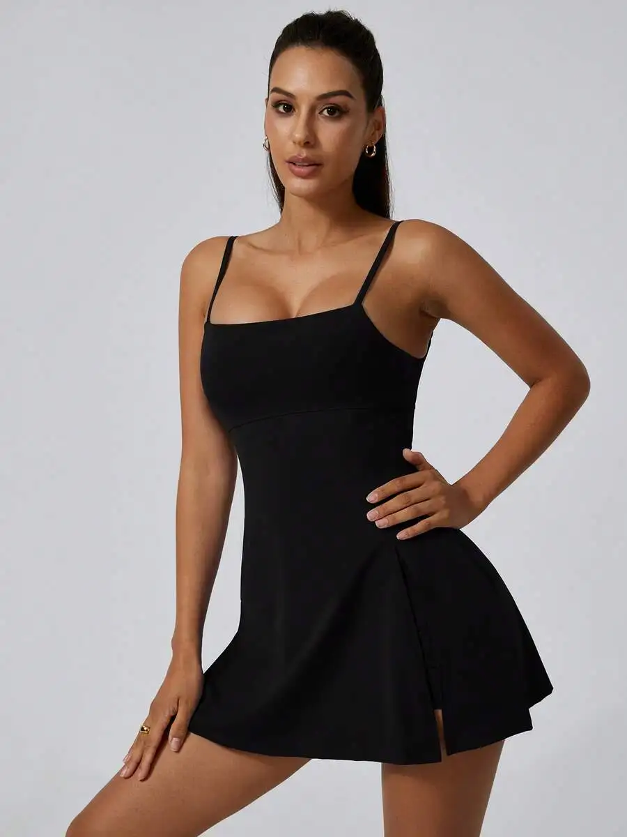 

Womens Black Elastic Back Sports Dress Summer Sleeveless Fit And Flare Mini Dress