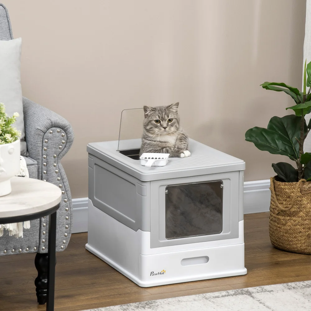 PawHut Fully Enclosed Cat Litter Box with Scoop, Hooded House with Drawer Tray, Foldable Smell - Proof Potty, Front Entry & Top Exit, Portable Large - Space Pet Toilet, Gray