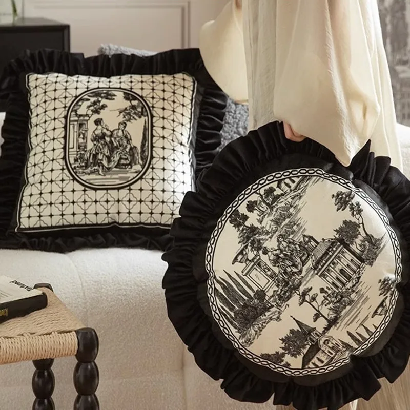 Antyczna poszewka na poduszkę Bordeaux, miękki aksamit, luksusowa poszewka na poduszkę, ozdobiona koronką w kształcie muszli, styl francuski w stylu vintage, czarno-biała, domowa sofa
