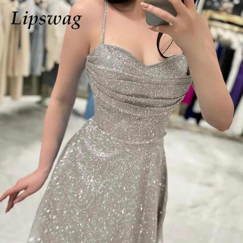 

Club Women Glitter Shinny Party Gowns Elegant 2024 Suspender Off Shoulder Pleat A-line Dress Chic Summer High Waist Long Dress