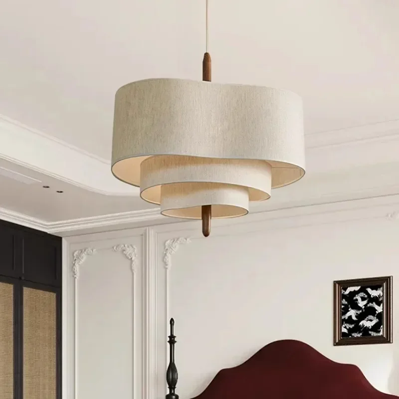 Nordic Ceiling Chandelier Retro Design Fabric Lampshade Led Light Modern Home Decoration Living Room Dining Bedroom Pendant Lamp