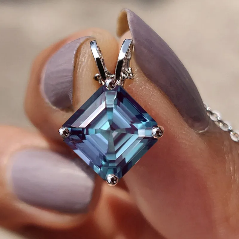 Asscher Cut Alexandrite Necklace Unique 925 Sterling Silver Solitaire Pendant Minimalist Change Alexandrite Wedding Necklace