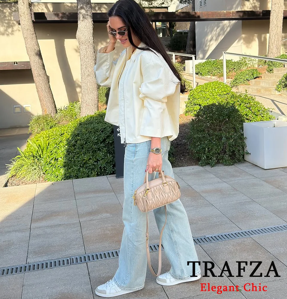 

TRAFZA-Женская повседневная бежевая куртка с лацканами на молнии, новинка 2024, модная классическая праздничная простая крутая куртка на весну/лето