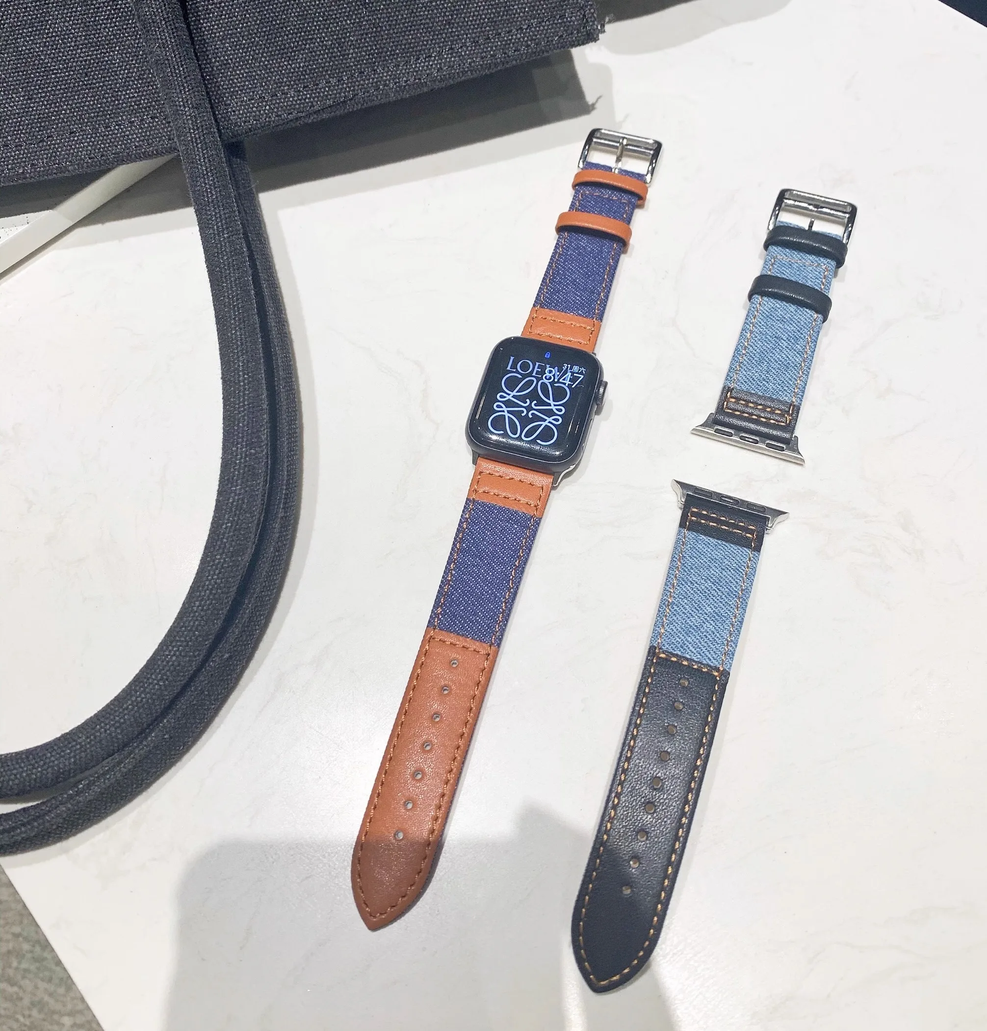 Bracelet en cuir couture Denim pour Bracelet de montre Apple Ultra 49mm Bracelet d'affaires sur iWatch SE ceinture 40mm 45mm 44mm série 87654321