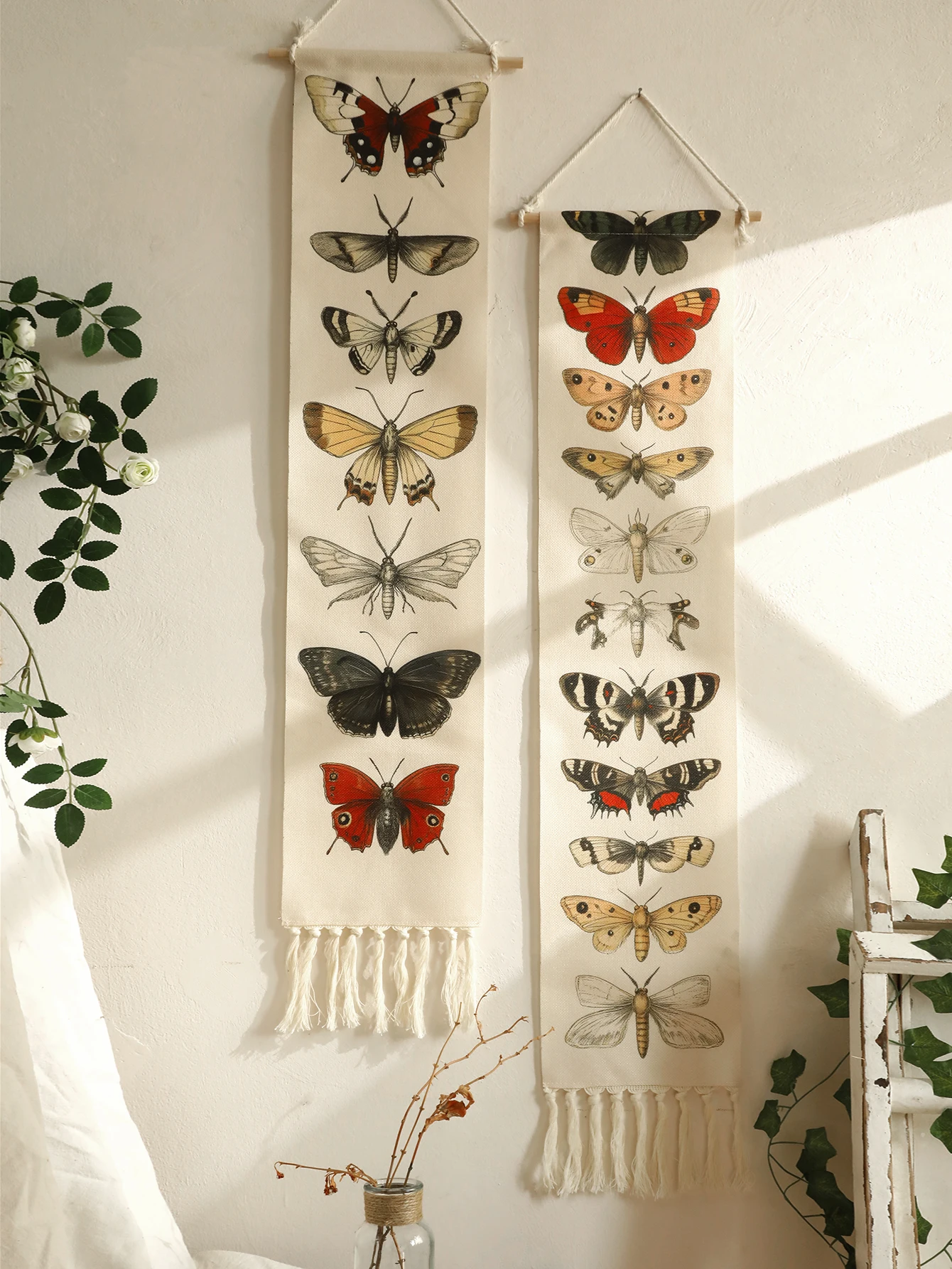 1pc Vintage Boho Butterfly Moth Wall Art Tapestry, Cotton Banner with Tassels – Rustic Nature Home Decor for Living Room Bedroom