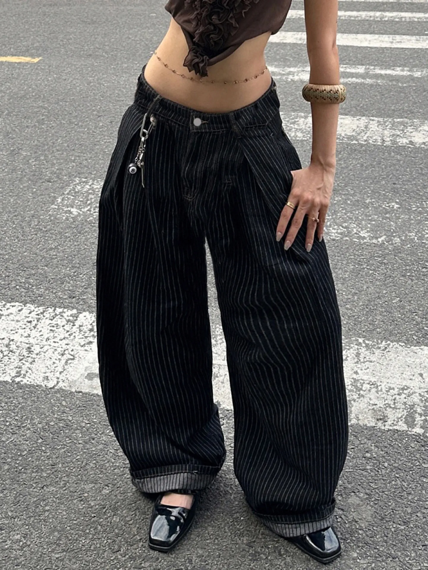 

Retro Low Waist Black Striped Jeans Spring Summer High Street American Casual Fashion Women's Loose Pleated Denim Pants