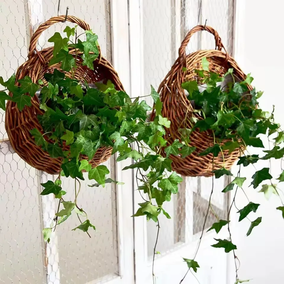 Maceta de mimbre hecha a mano para colgar en la pared, cesta de mimbre para jardín, maceta de vid, soporte para plantas, macetas de jardín, macetero de pared