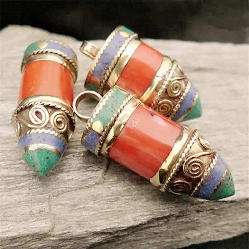Tibetan Amulet Nepal Brass Inlaid Red Bamboo Coral Bullet Pendants for Man TBP297