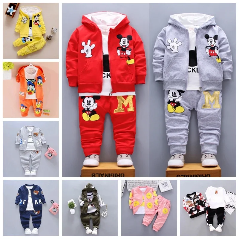 3pcs/set Baby Boy Girl Clothes Cartoon Mickey Mouse Bear Hooded Coat+T Shirt+Pant Kid Sport Suit For Children Clothing Tracksuit