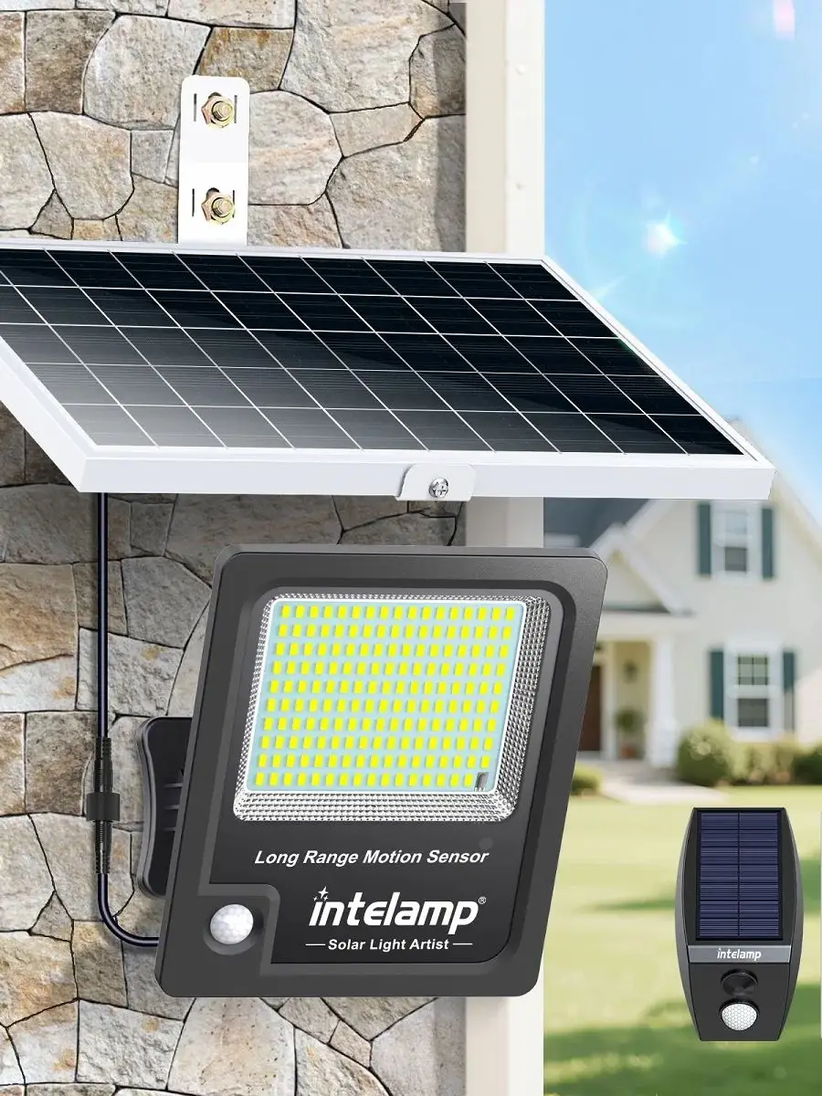 Intelamp 12000mAh Solarleuchte mit langer Akkulaufzeit für den Außenbereich, Flutlicht, Sicherheitsleuchte, Scheinwerfer mit supergroßem Solarpanel, schnelleres Aufladen, zwei Bewegungssensoren,