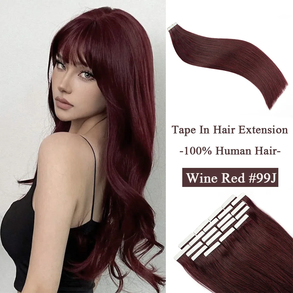 Tape in Human Hair Extensions 100% Real Hair Wine Red #99j Seamless Invisible Tape in Hair Extension for Women Full Head 12