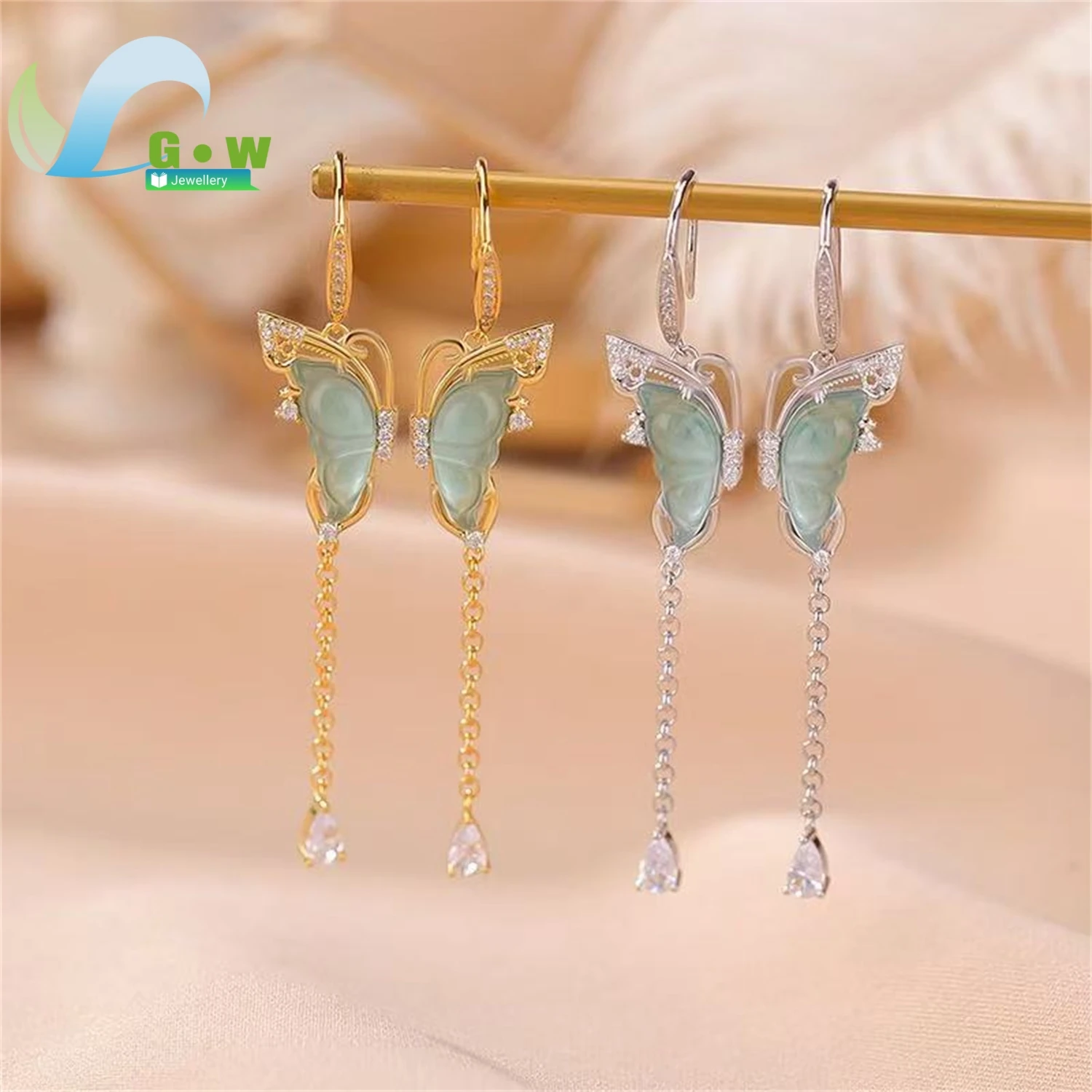 Natural Jadeite Butterfly Earrings Women Fashion Versatile Light Luxury Tassel Hook Drop Dangle Fresh Style Gemstone Jewelry