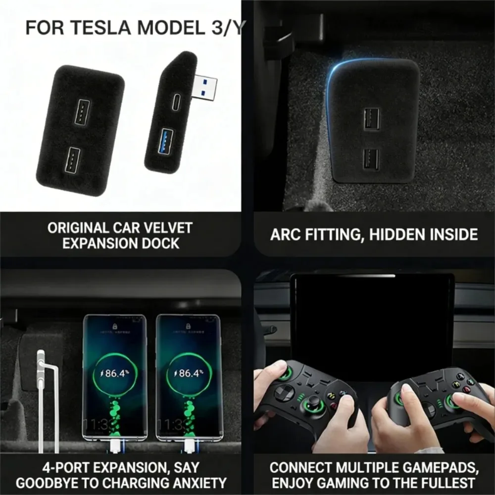 For Tesla Model 3 Y Center Console Glove Box Hub Fast Charging USB Flocked Expander Plug and Play Multi Port Interior Accessory