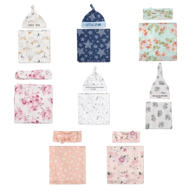 新生児用フォトアクセサリー,ベビーブランケットプリント,新生児用,男の子と女の子用のスリーピングブランケット,モスリンラップヘッドバンドセット
