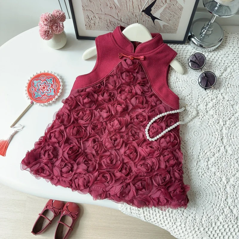 

Girls Sleeveless Dress Winter New Baby Girl Chinese Style Rose Cheongsam2025Hanfu Vest Dress