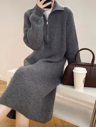Thickened Long Sleeve Knitted Dress Zipper Collar Women's Autumn Winter Retro Long High Collar Sweater Dress Straight Tube Ba...
