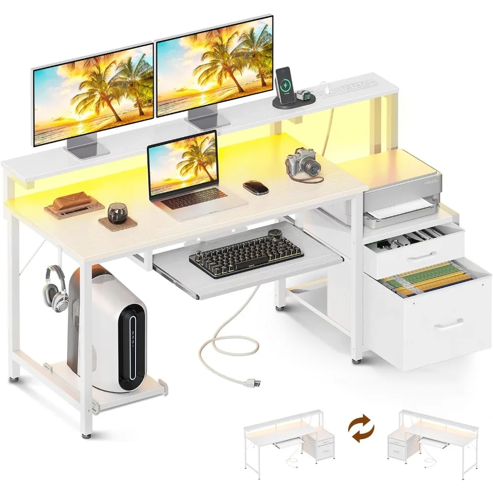 

55" Computer Desk with Fabric File Cabinet and Drawer, Reversible Office Desk with Power Outlet and LED Light, Study Desk ，White