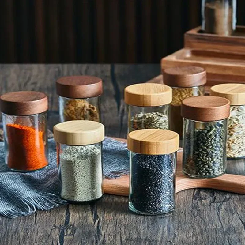 Japanese Round Seasoning Jar Acacia Wood Lid Spice Container Kitchen Storage Glass Organization Base Elegant Kitchen