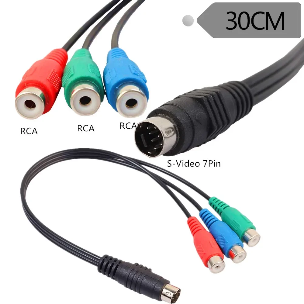 S-Video 7-Pin 7pin Male To 3-RCA Male RGB Component Cable Adapter，0.3m