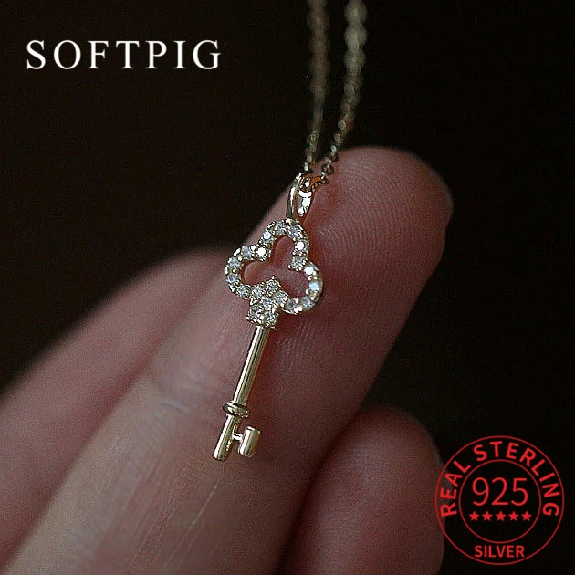 SOFTPIG-collar de plata de ley 925 para mujer, Gargantilla con colgante de llave de circonita de oro de 14K, joyería fina con temperamento bonito, a la moda