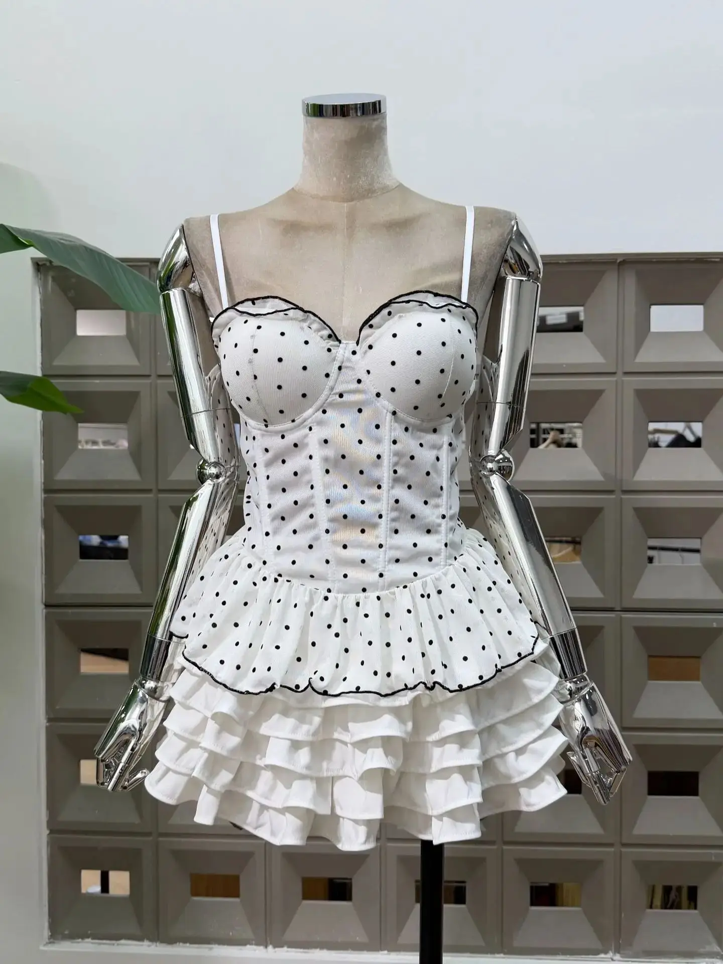 New Trendy Women' s Clothes 2 Piece Suits Dresses Birthday Party Celebrate Club Polka Dot Mesh Top Ruffles Short Skirts Sets