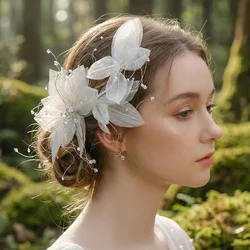 Elegant White Floral Bridal Hair Clip - Handmade Crystal Beaded Mesh Flower Hairpiece for Wedding Party, Fairycore Aesthetic