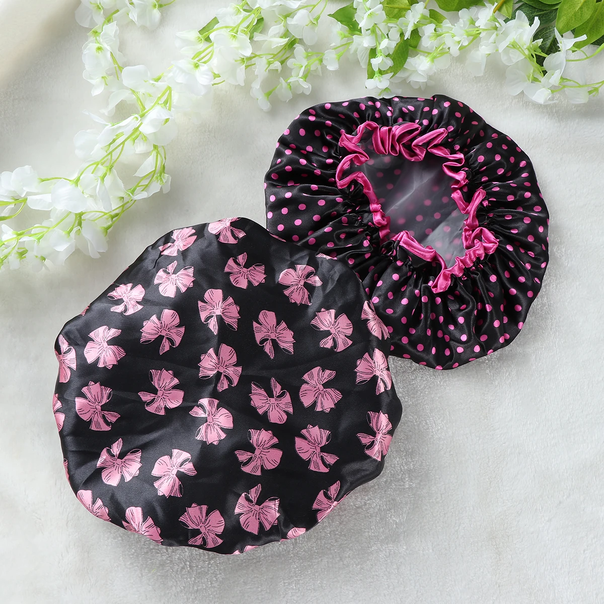 

2Pcs Shower Hat Kitchen Dust Cap Bathing Hair Waterproof Elastic Double-layer Satin Long Thick Stylish Dot Bowknot