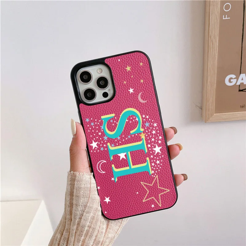 Personalised Initial Letters Luxury PU Leather Case for iphone 14 13 Pro Max 12 11 Pro Max XS XR 7 8 Plus SE Covers Moon & Stars
