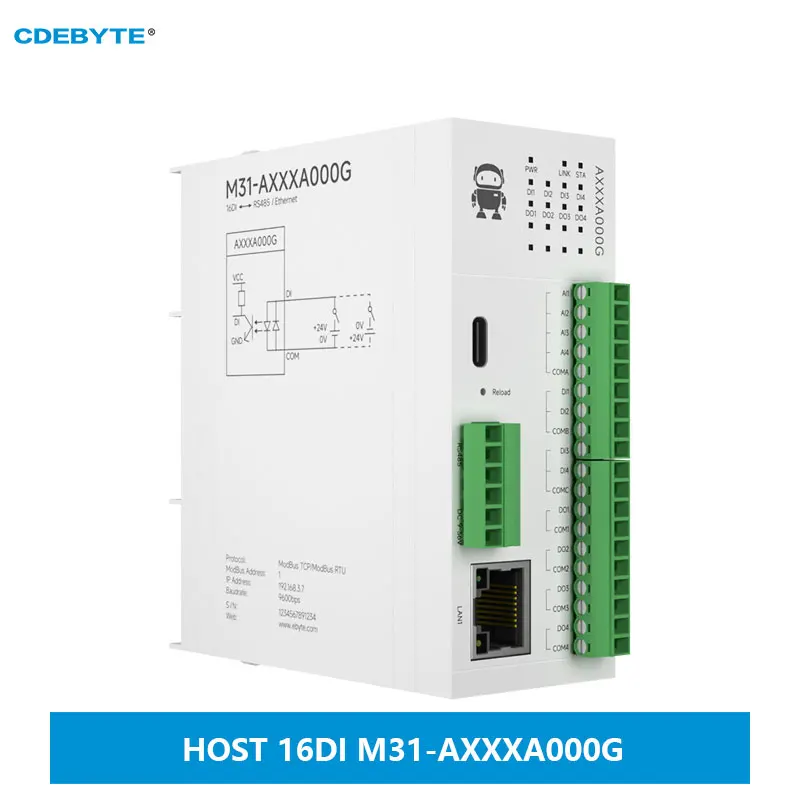 16DI RS485 RJ45 Analog Switch Acquisition Distributed Remote IO Module Host Module CDEBYTE M31-AXXXA000G Modbus TCP/RTU PNP NPN