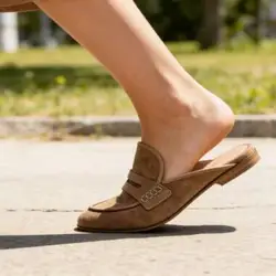 New Tan Suede Black Leather Round Toe Flat Half Slippers Mules Woman Outdoor Leisure Slip On Flat Shoes Loafers Drop Shipping
