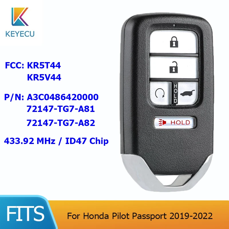 KEYECU for Honda Pilot Passport 2019-2022 FCC: KR5T44/KR5V44 Remote Car Key Fob 433.92MHz with ID47 Chip SUV