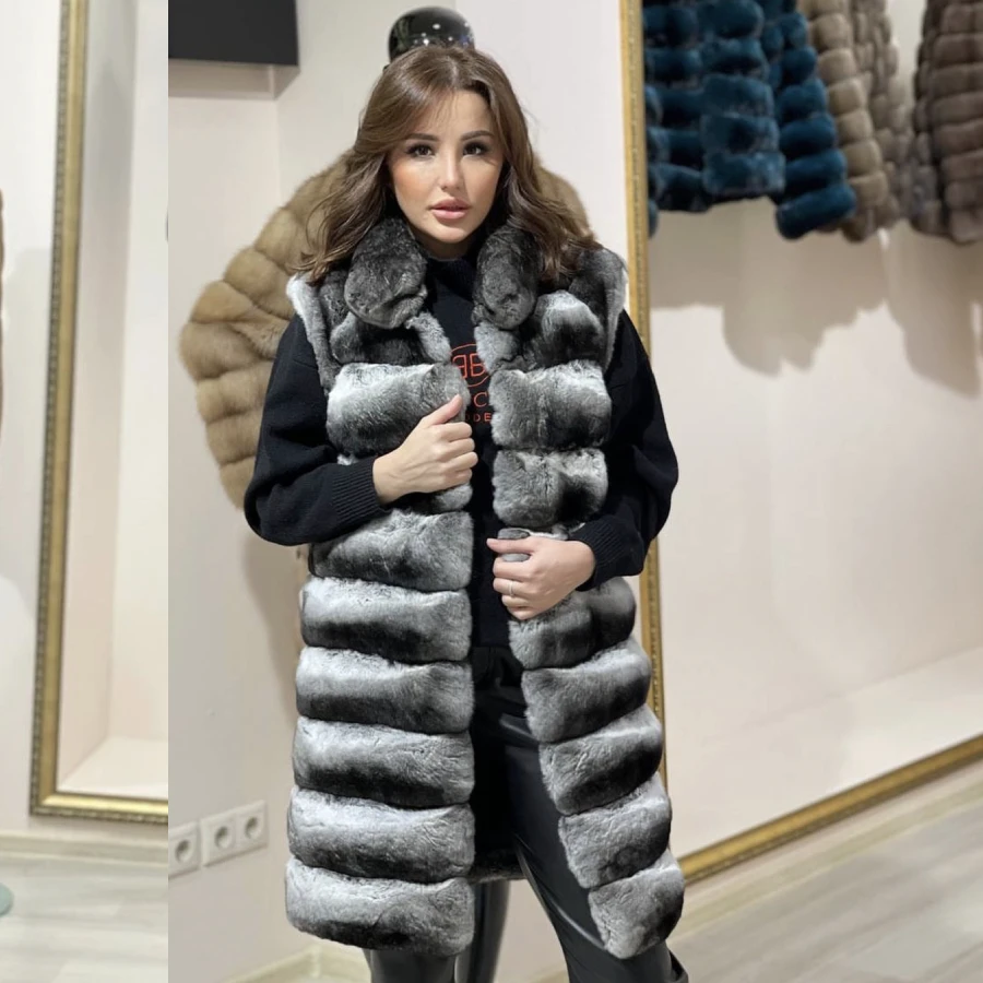 Women\'s Winter Fur Sleeveless Real Long Rex Rabbit Fur Gilets For Women Rex Chinchilla Fur Long Vest Woman Women\'s Fur Vest