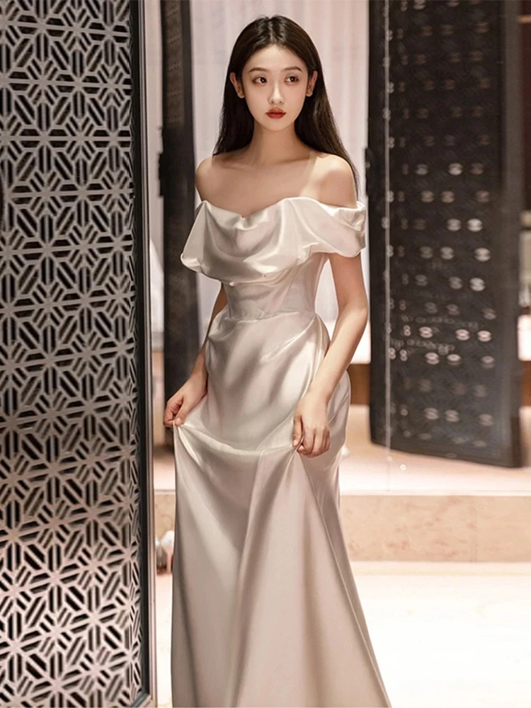 

Атласное вечернее платье на одно плечо с длинным рукавом, простое и элегантное, для невесты и встреч с гостями, длиной в пол