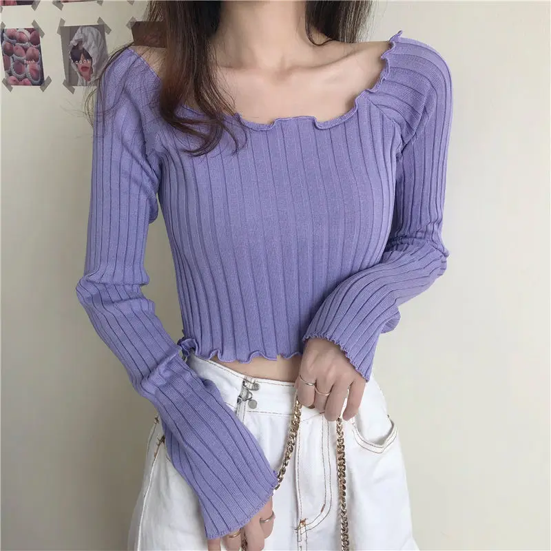 Fashion Solid Color Exposed Umbilicus Knitting Top Women New Long Sleeve Square Collar Flower Edge Temperament Pullover Sweaters